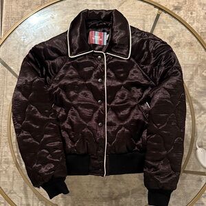 Urban Outfitters Black Satin Bomber Jacket with White Trim